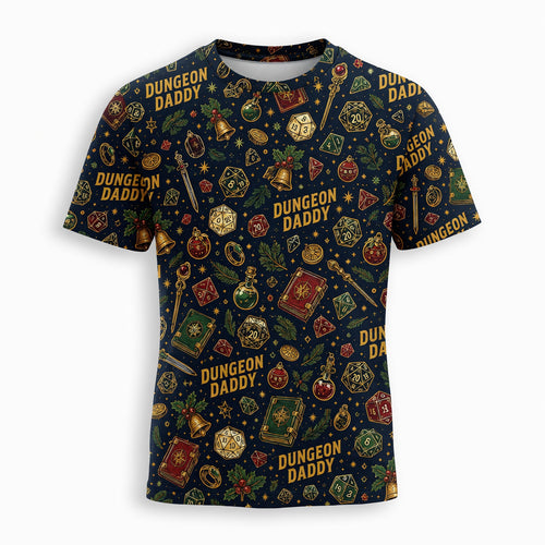 Dungeon Daddy Christmas AOP T-Shirt - Holiday Tabletop Pattern
