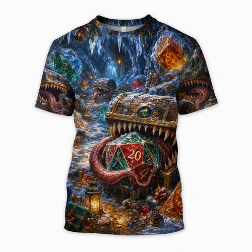 Christmas Mimic Dice AOP T-Shirt - Fantasy RPG Holiday Apparel