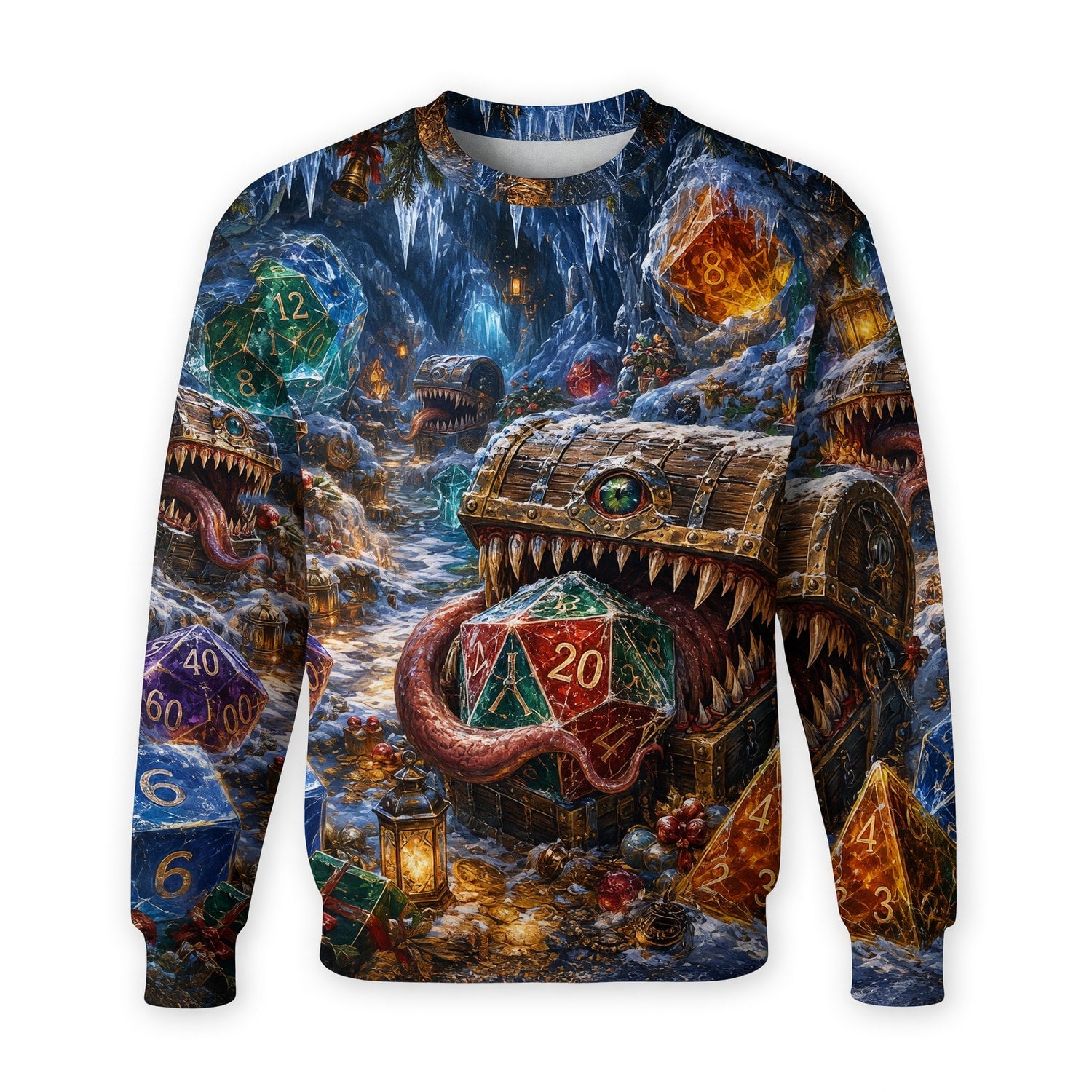 Christmas Mimic Dice AOP T-Shirt - Fantasy RPG Holiday Apparel