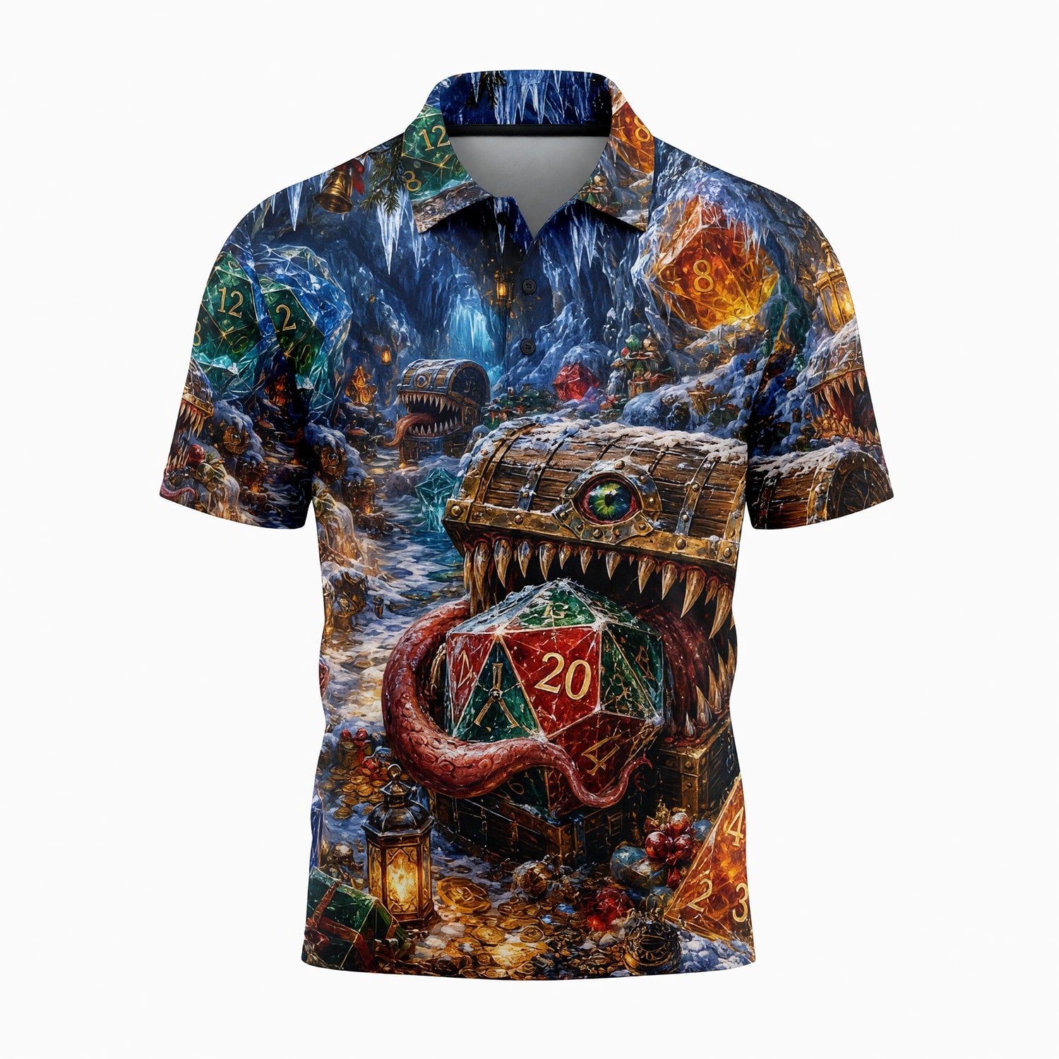 Christmas Mimic Dice AOP T-Shirt - Fantasy RPG Holiday Apparel