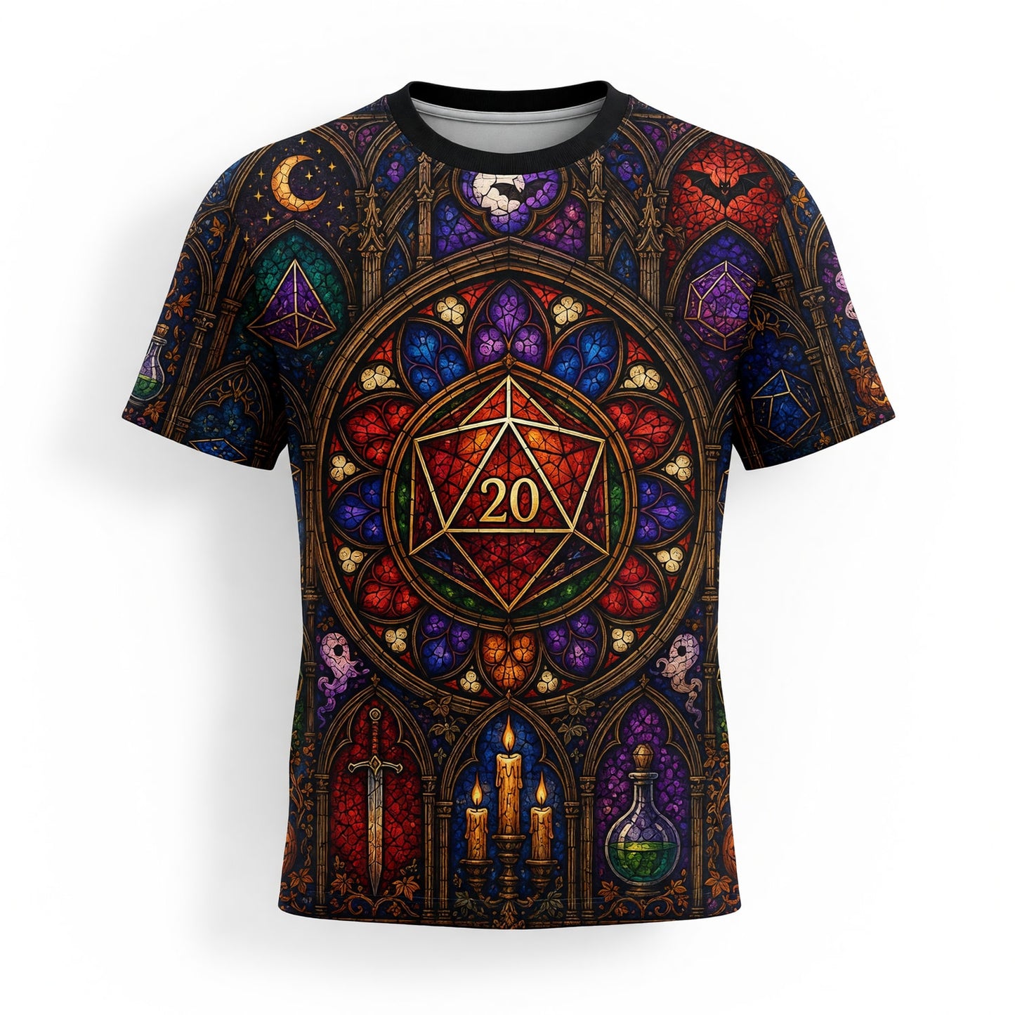 Fantasy Dungeon D20 AOP T-Shirt - Gothic Halloween Stained Glass