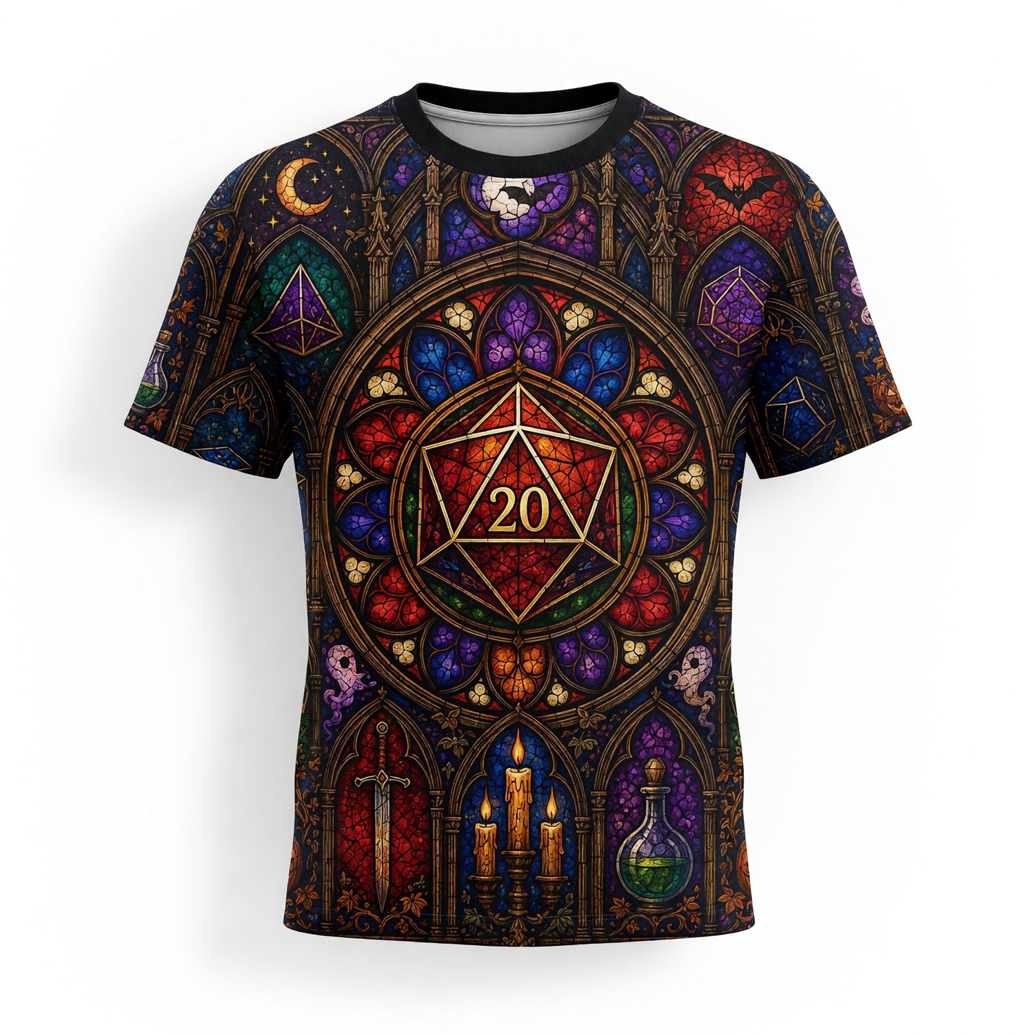 Fantasy Dungeon D20 AOP T-Shirt - Gothic Halloween Stained Glass