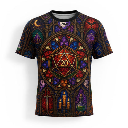 Fantasy Dungeon D20 AOP T-Shirt - Gothic Halloween Stained Glass
