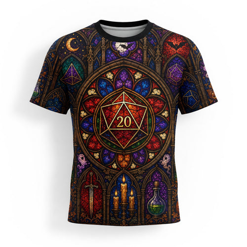 Fantasy Dungeon D20 AOP T-Shirt - Gothic Halloween Stained Glass