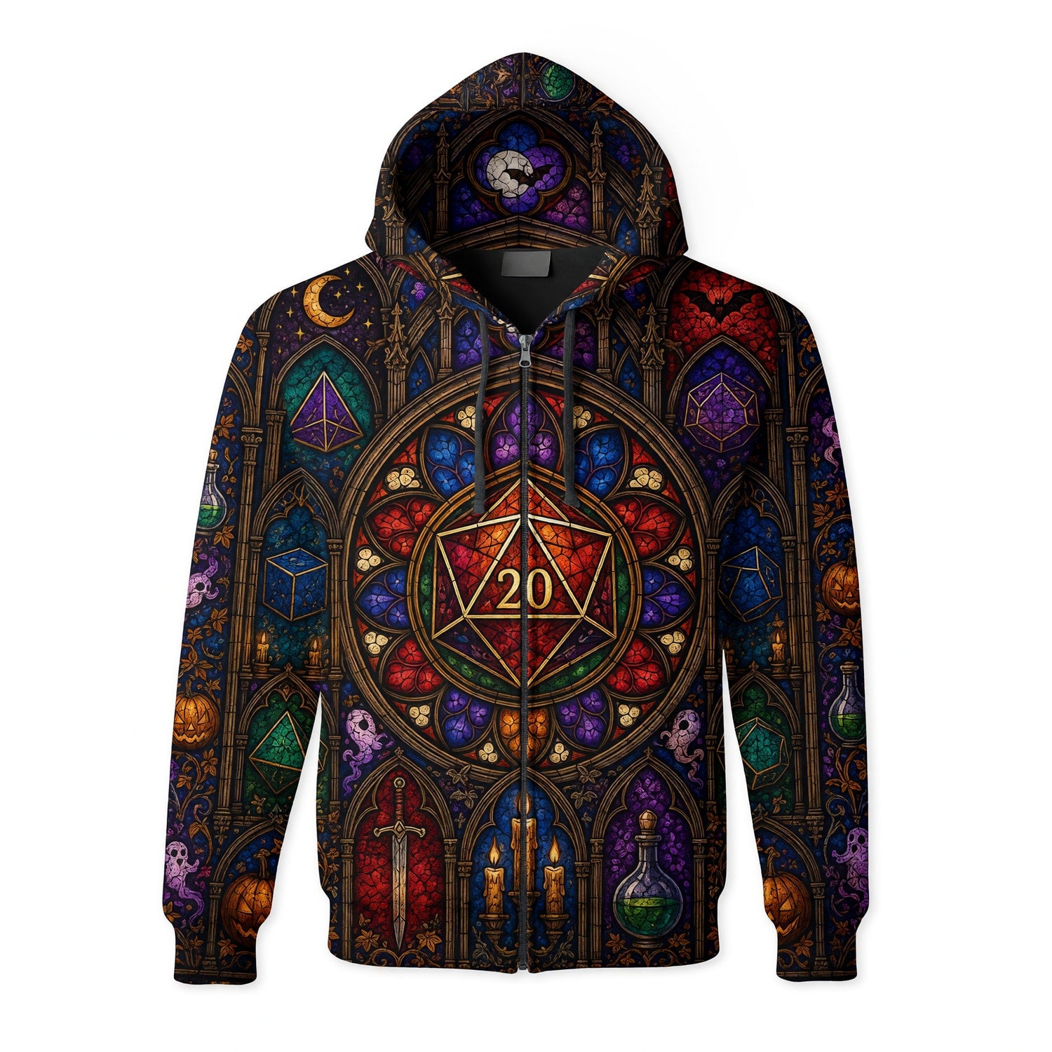 Fantasy Dungeon D20 AOP T-Shirt - Gothic Halloween Stained Glass