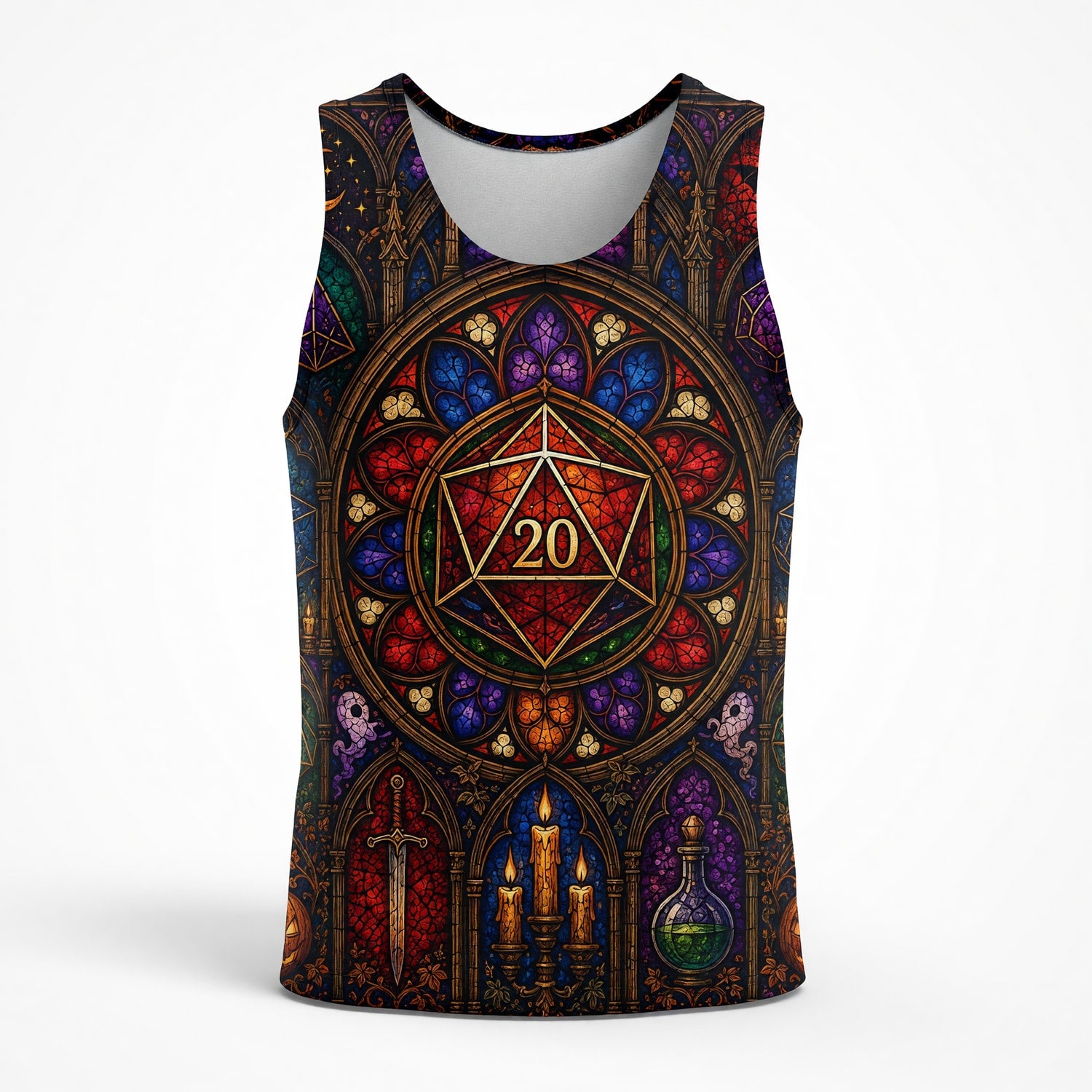 Fantasy Dungeon D20 AOP T-Shirt - Gothic Halloween Stained Glass