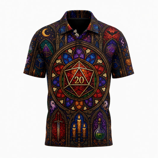 Fantasy Dungeon D20 AOP T-Shirt - Gothic Halloween Stained Glass
