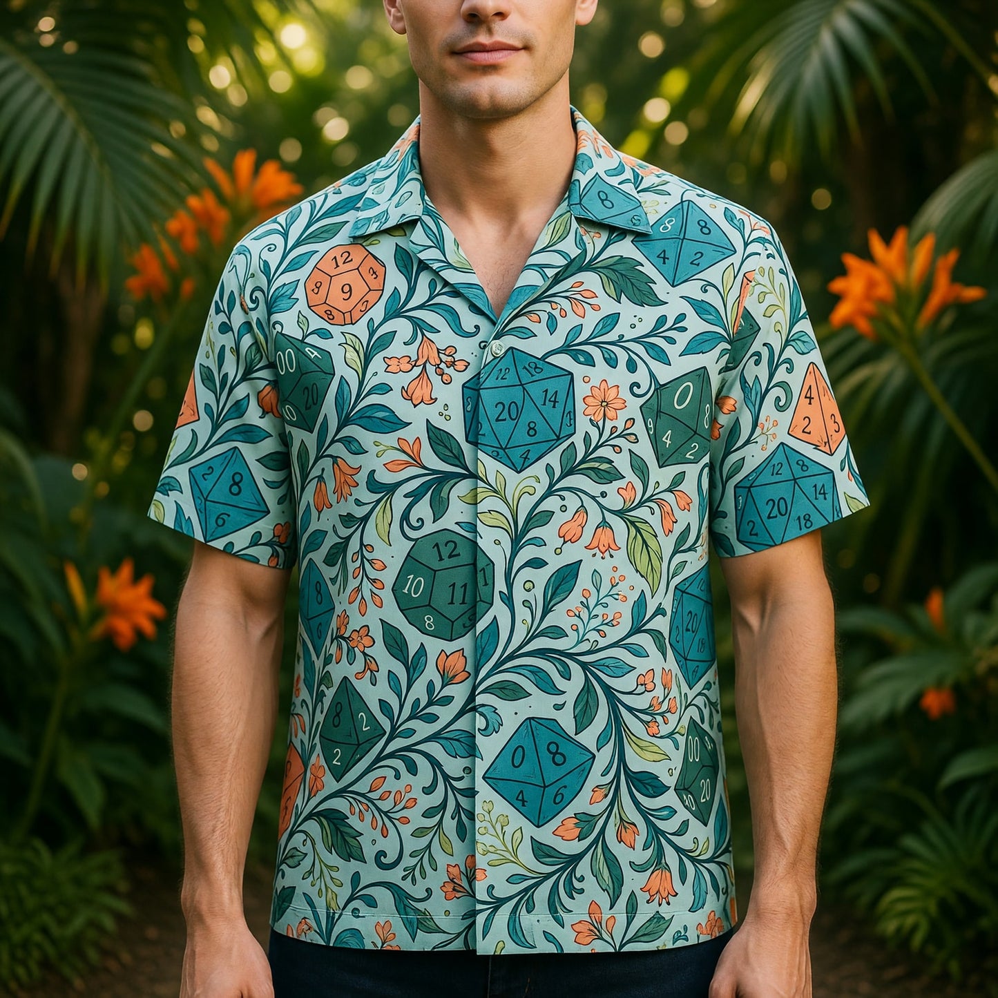Tabletop RPG Dice Hawaiian Shirt - Floral Fantasy Dungeon Pattern