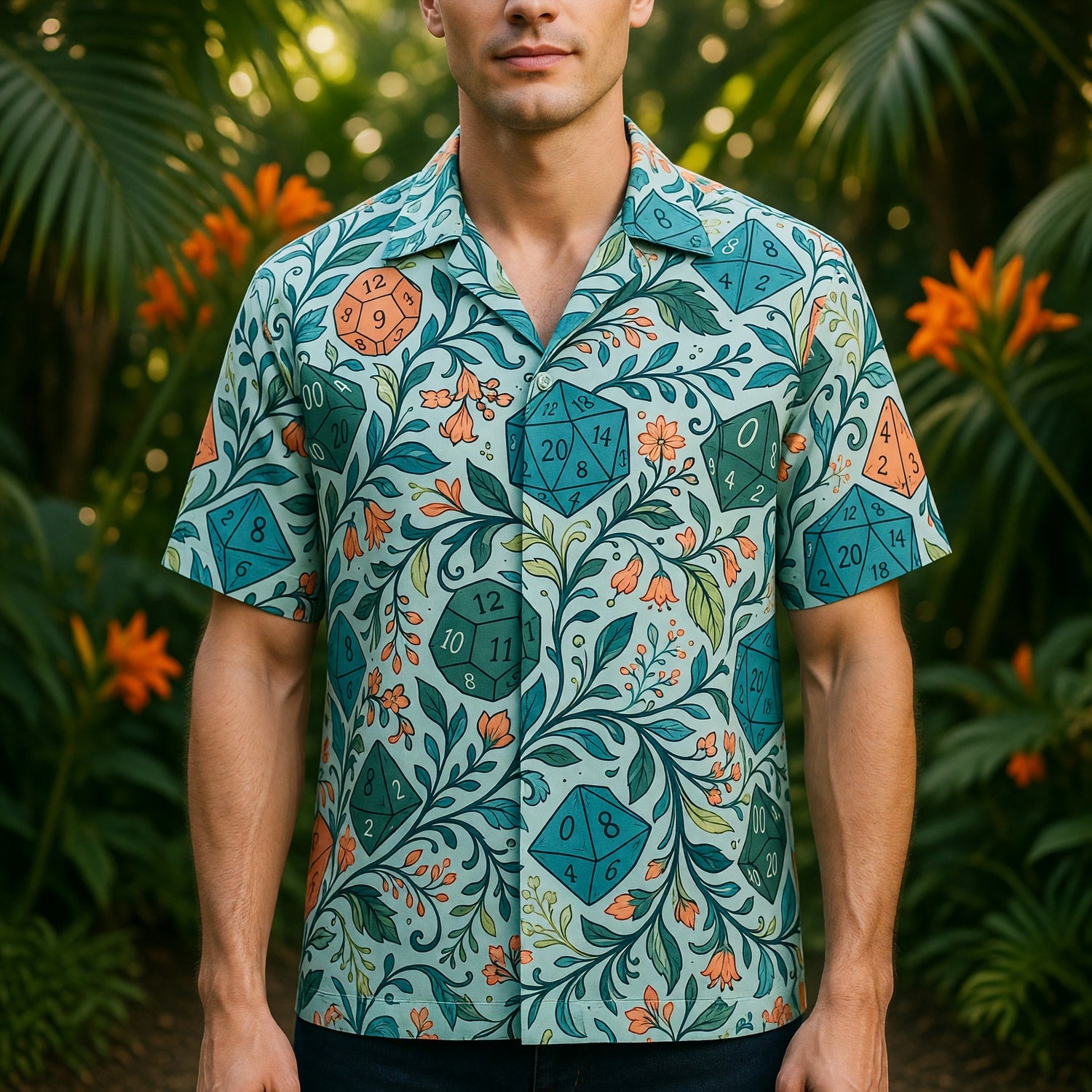 Tabletop RPG Dice Hawaiian Shirt - Floral Fantasy Dungeon Pattern