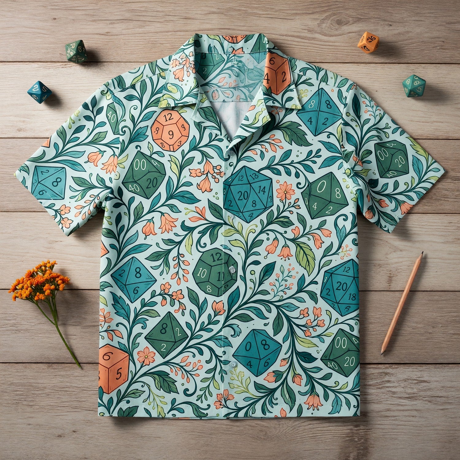 Tabletop RPG Dice Hawaiian Shirt - Floral Fantasy Dungeon Pattern