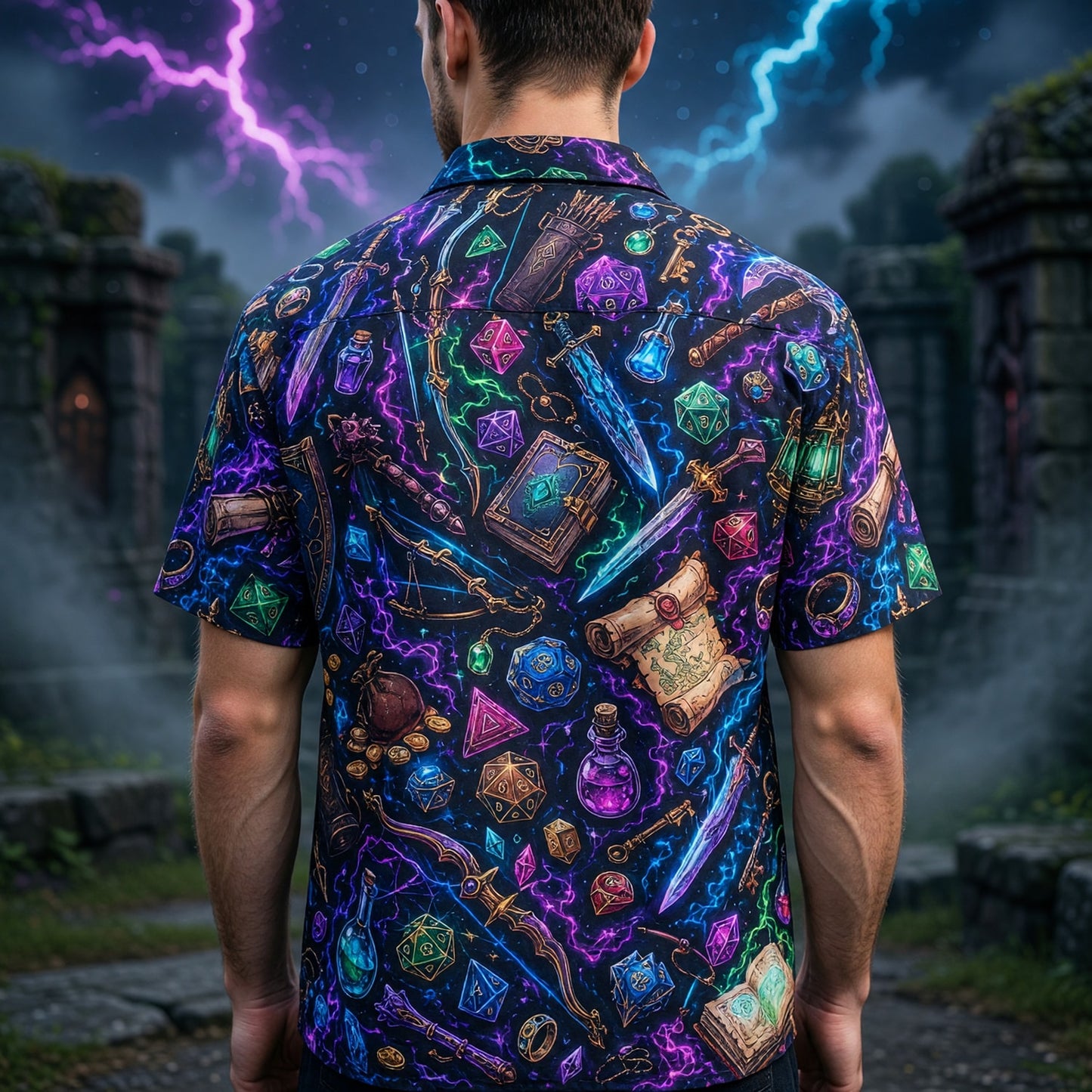 Fantasy Dungeon Hawaiian Shirt - Neon Fantasy RPG Dice Pattern