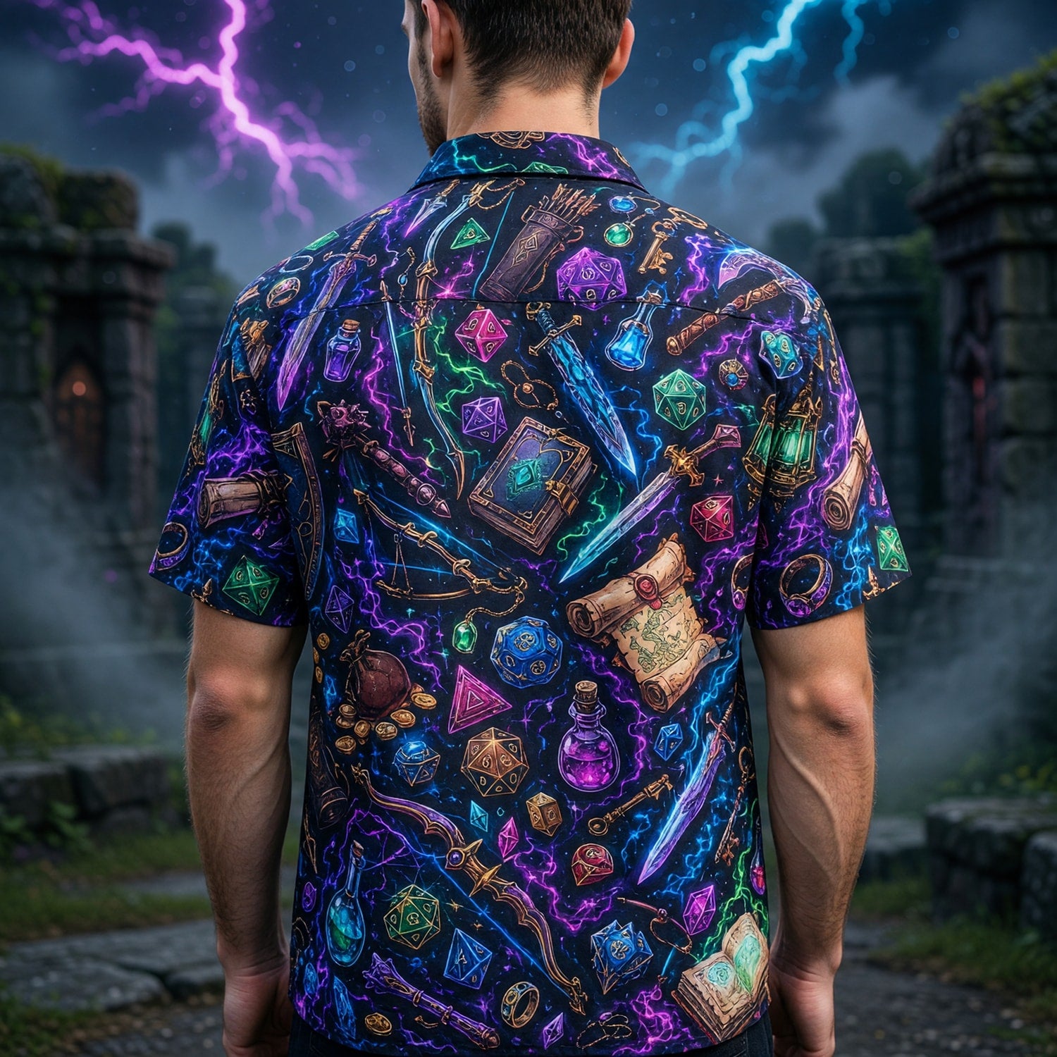Fantasy Dungeon Hawaiian Shirt - Neon Fantasy RPG Dice Pattern