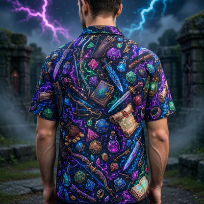 Fantasy Dungeon Hawaiian Shirt - Neon Fantasy RPG Dice Pattern