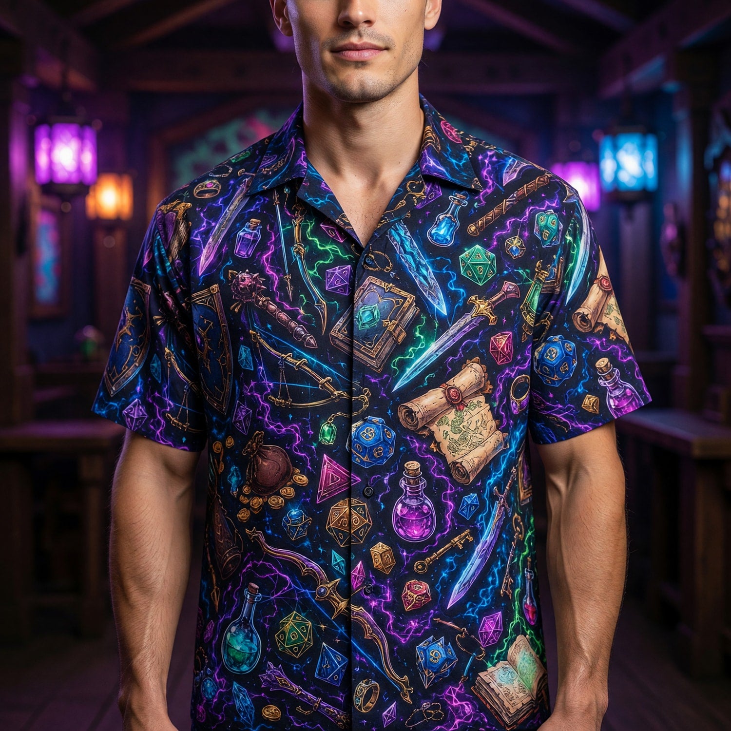 Fantasy Dungeon Hawaiian Shirt - Neon Fantasy RPG Dice Pattern