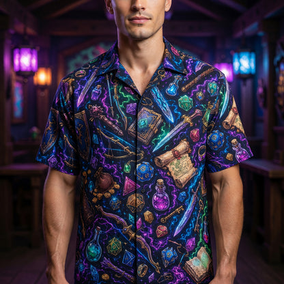 Fantasy Dungeon Hawaiian Shirt - Neon Fantasy RPG Dice Pattern