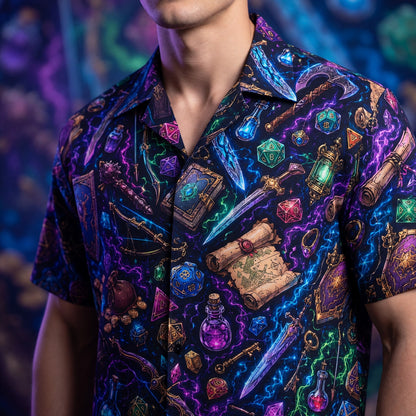 Fantasy Dungeon Hawaiian Shirt - Neon Fantasy RPG Dice Pattern