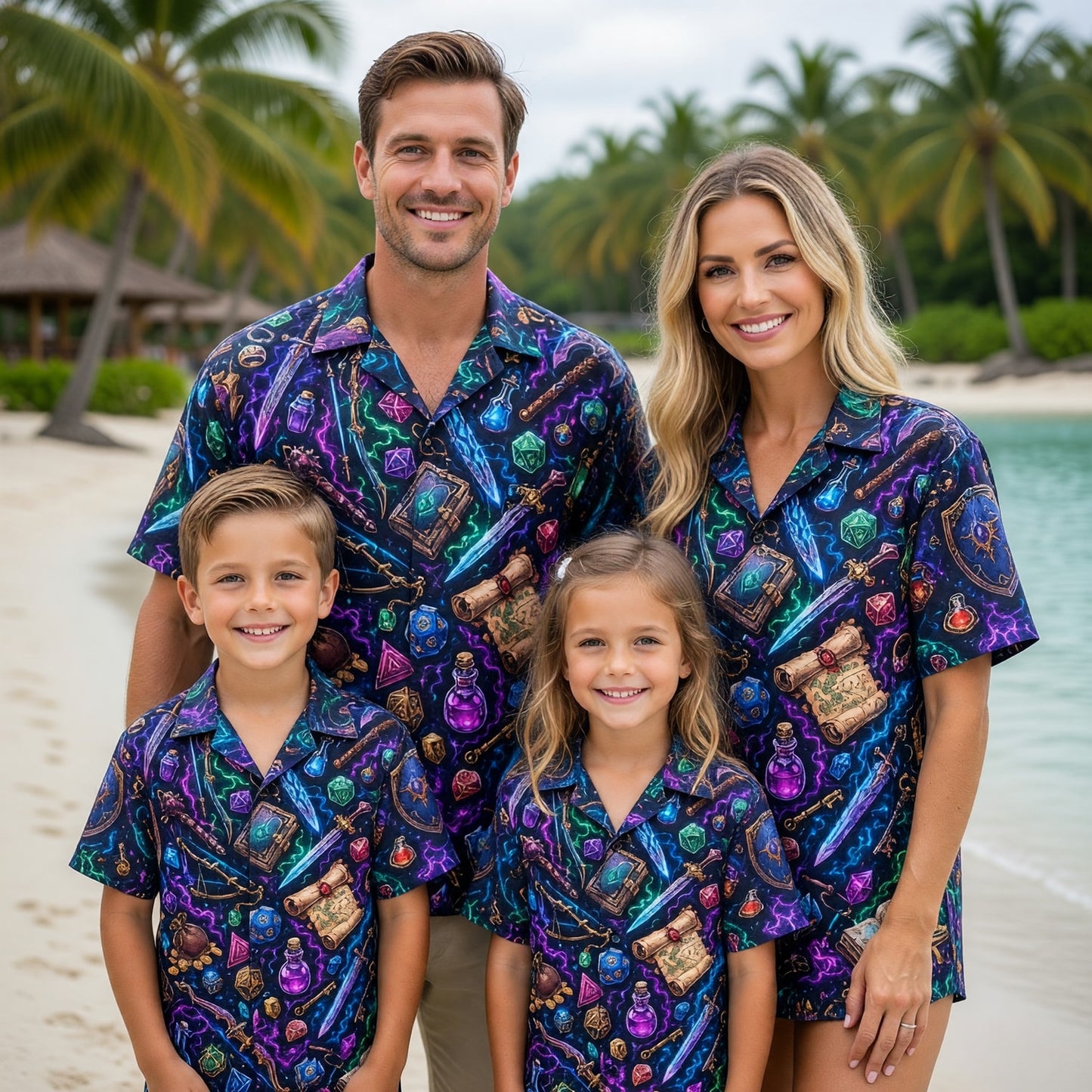 Fantasy Dungeon Hawaiian Shirt - Neon Fantasy RPG Dice Pattern