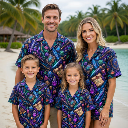 Fantasy Dungeon Hawaiian Shirt - Neon Fantasy RPG Dice Pattern
