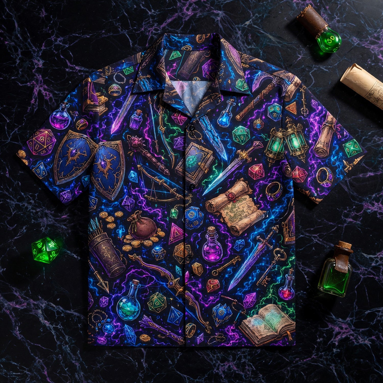 Fantasy Dungeon Hawaiian Shirt - Neon Fantasy RPG Dice Pattern