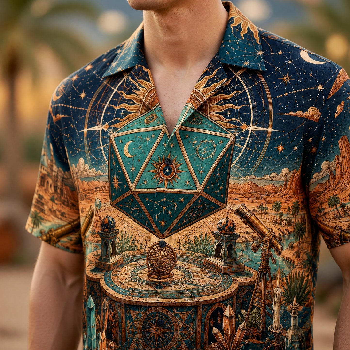 Celestial D20 Dice Hawaiian Shirt - Fantasy RPG Astrology