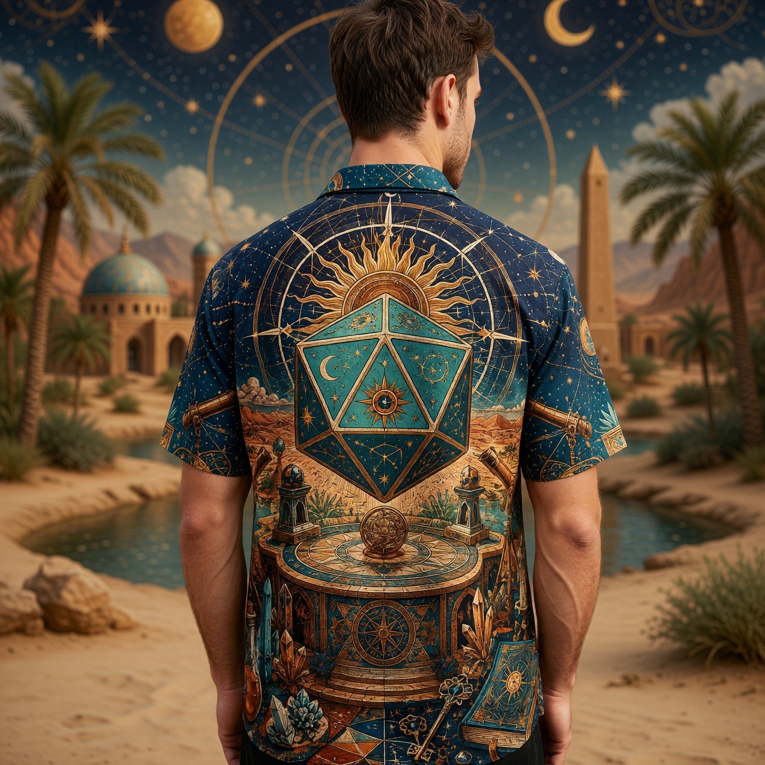 Celestial D20 Dice Hawaiian Shirt - Fantasy RPG Astrology