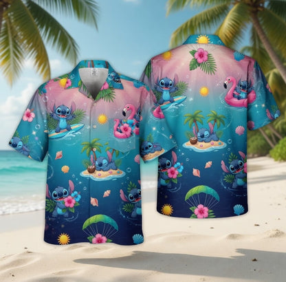 Blue Alien Premium Hawaiian Shirt - Flamingo Ocean Glow
