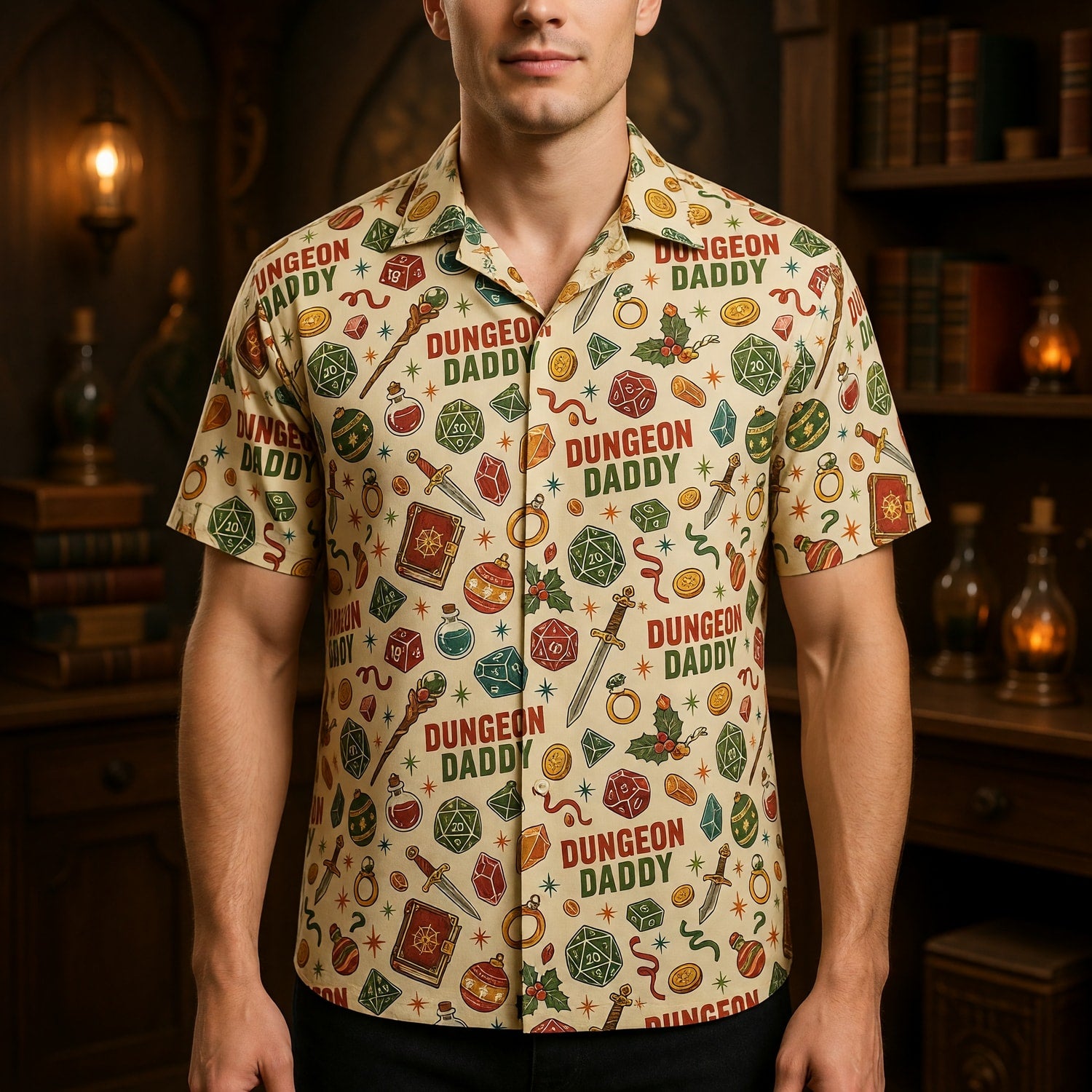 Dungeon Daddy Hawaiian Shirt - Christmas Dice Pattern