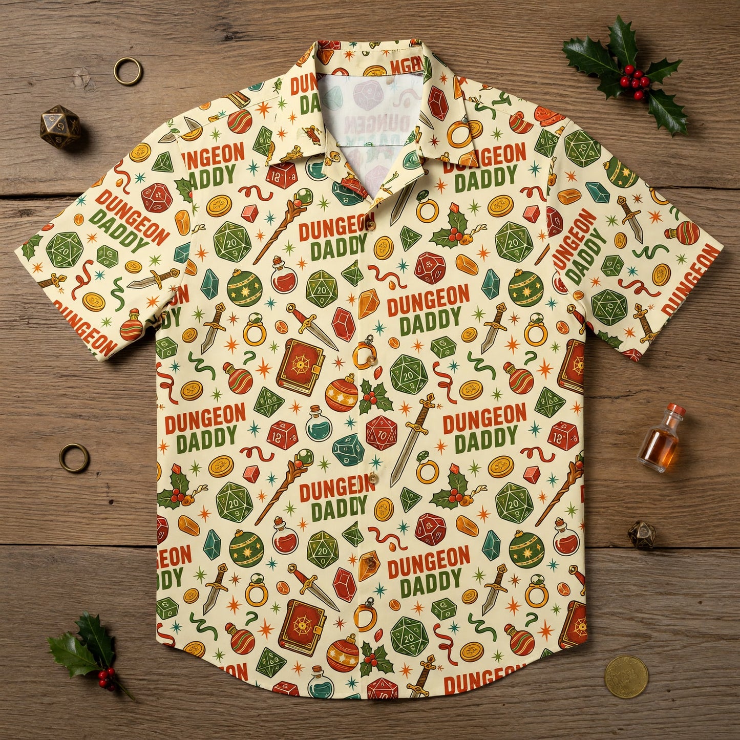 Dungeon Daddy Hawaiian Shirt - Christmas Dice Pattern