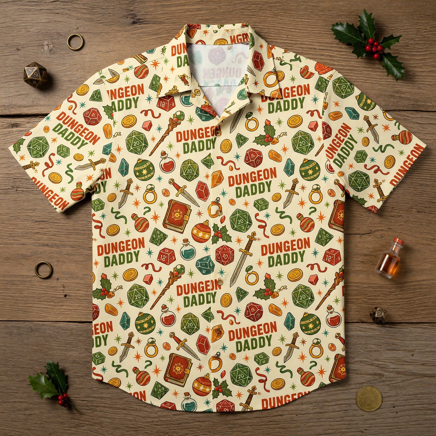 Dungeon Daddy Hawaiian Shirt - Christmas Dice Pattern