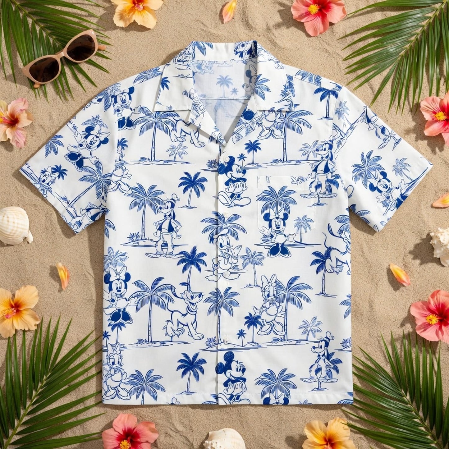 Tropical Toile Hawaiian Shirt - Mouse & Friends Blue Palm Tree