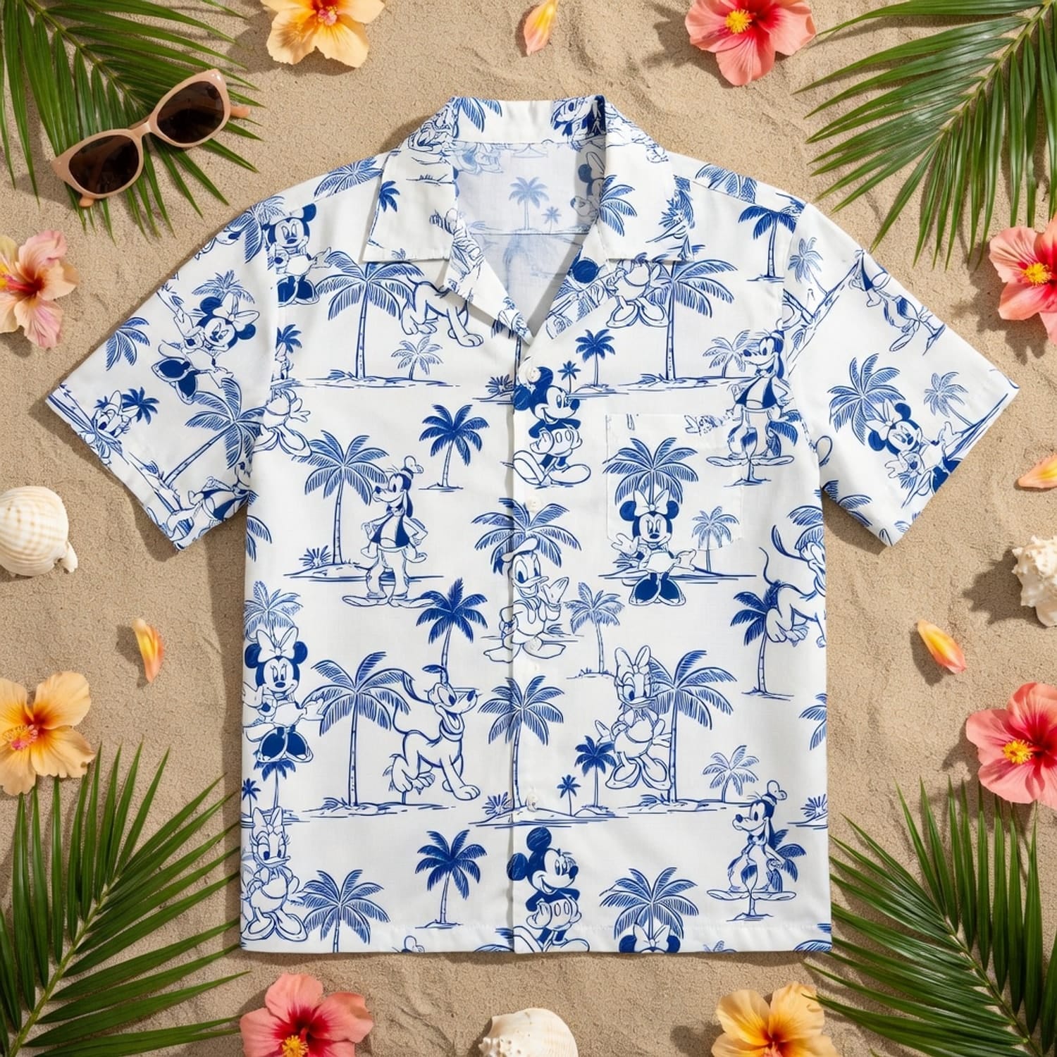 Tropical Toile Hawaiian Shirt - Mouse & Friends Blue Palm Tree