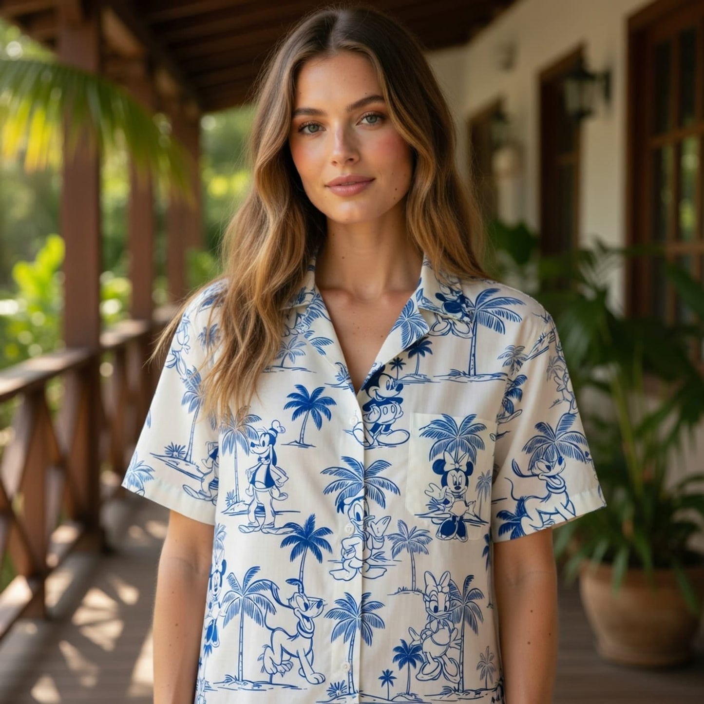 Tropical Toile Hawaiian Shirt - Mouse & Friends Blue Palm Tree