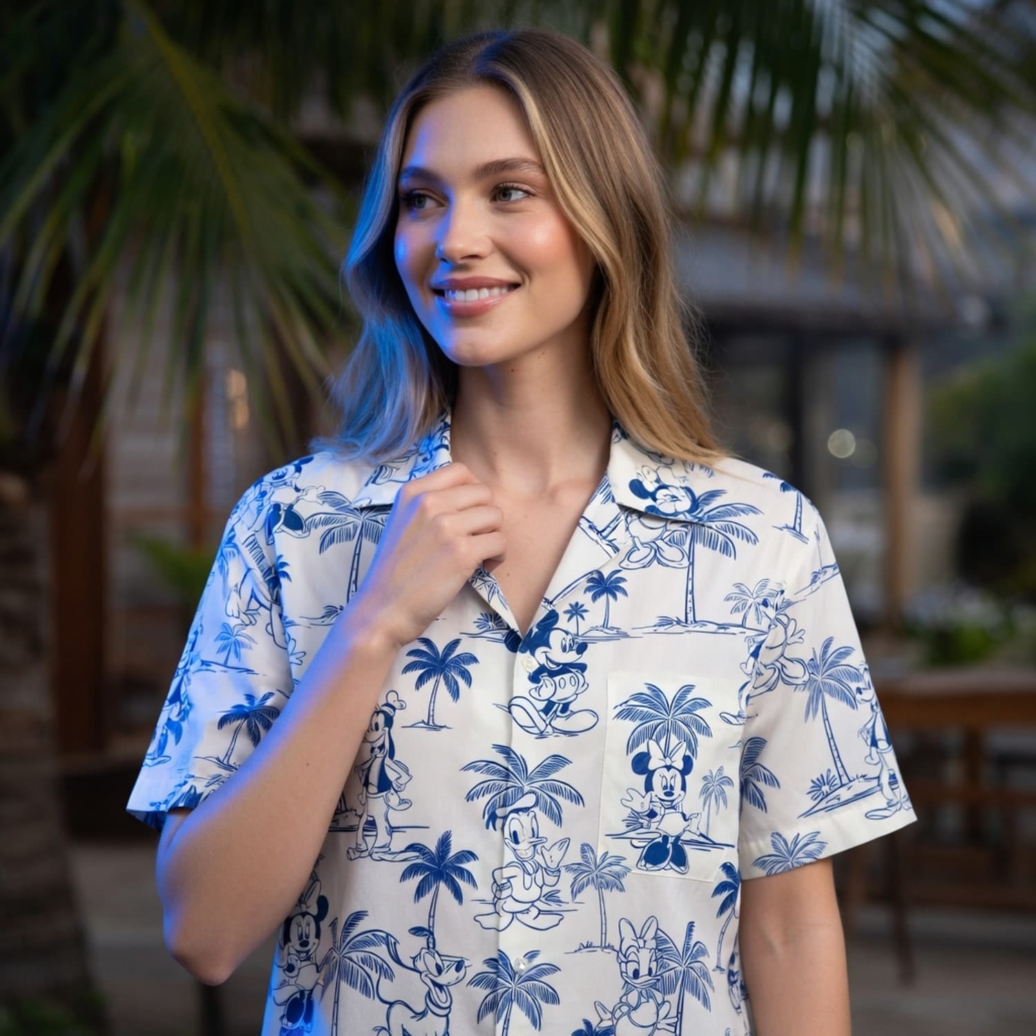 Tropical Toile Hawaiian Shirt - Mouse & Friends Blue Palm Tree