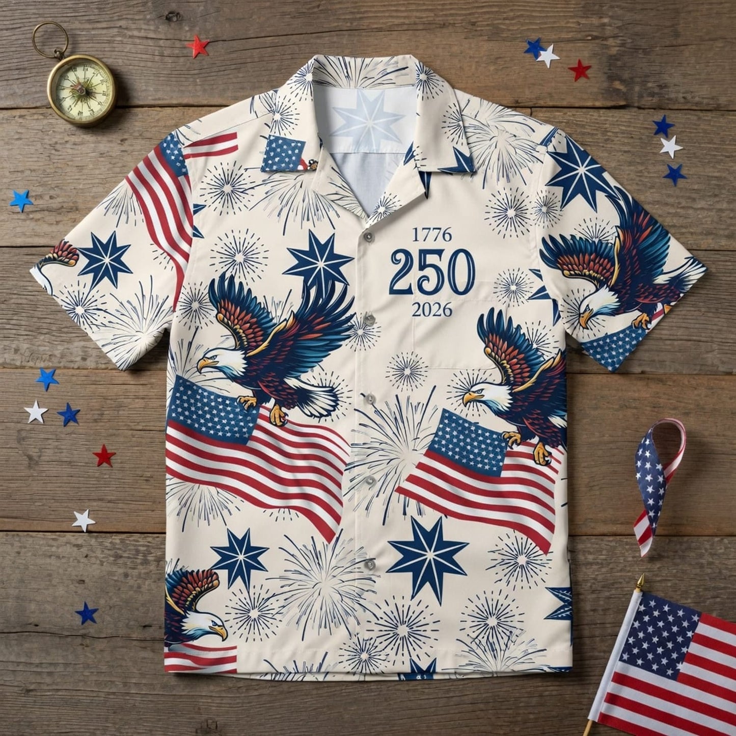 America 250 Bald Eagle Vintage Premium Hawaiian Shirt - 1776-2026 Patriotic Aloha Cream Shirt - HW4TDR8001