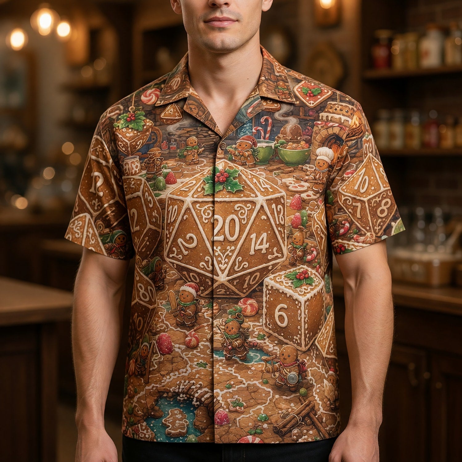 Christmas Gingerbread Dice Hawaiian Shirt - Holiday RPG Gaming Apparel
