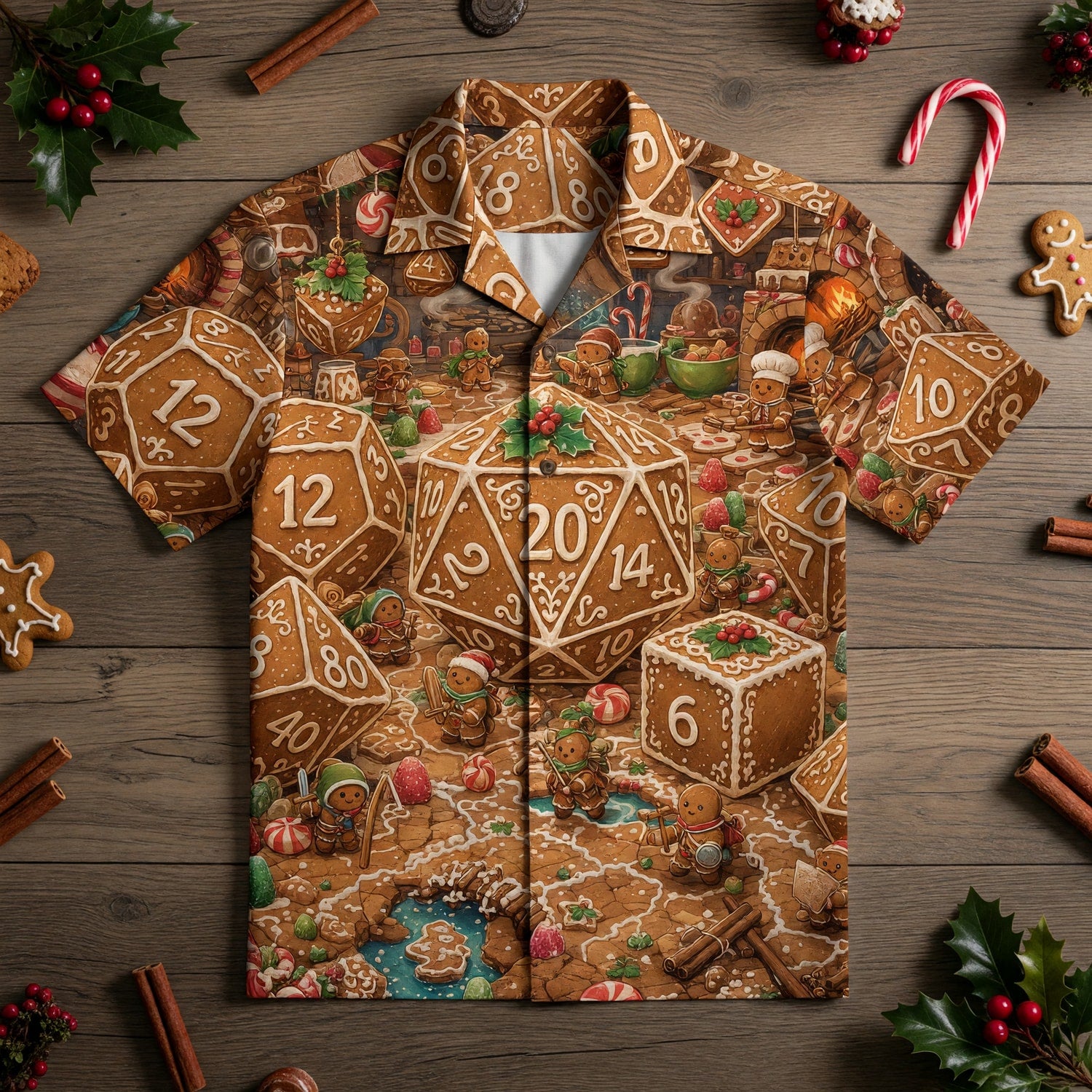 Christmas Gingerbread Dice Hawaiian Shirt - Holiday RPG Gaming Apparel