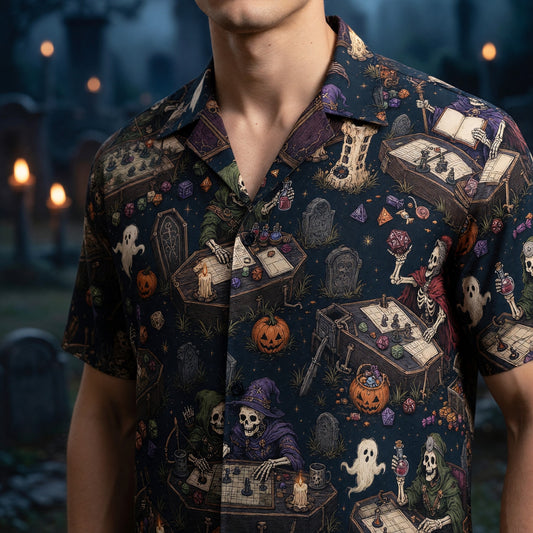 Skeleton Gamers Hawaiian Shirt - Halloween RPG Tabletop Apparel