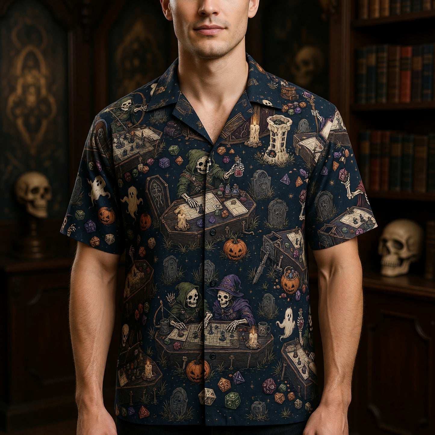 Skeleton Gamers Hawaiian Shirt - Halloween RPG Tabletop Apparel