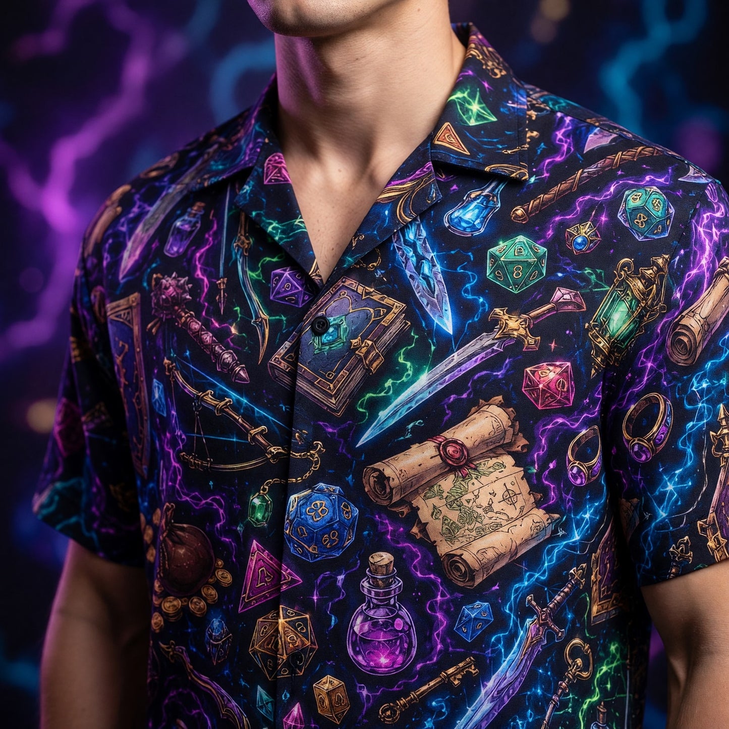 Fantasy Dungeon Hawaiian Shirt - Neon Fantasy Loot Pattern