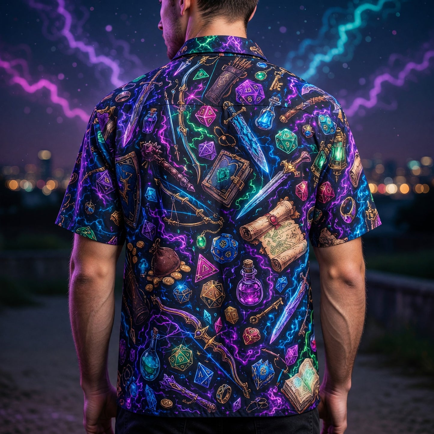 Fantasy Dungeon Hawaiian Shirt - Neon Fantasy Loot Pattern