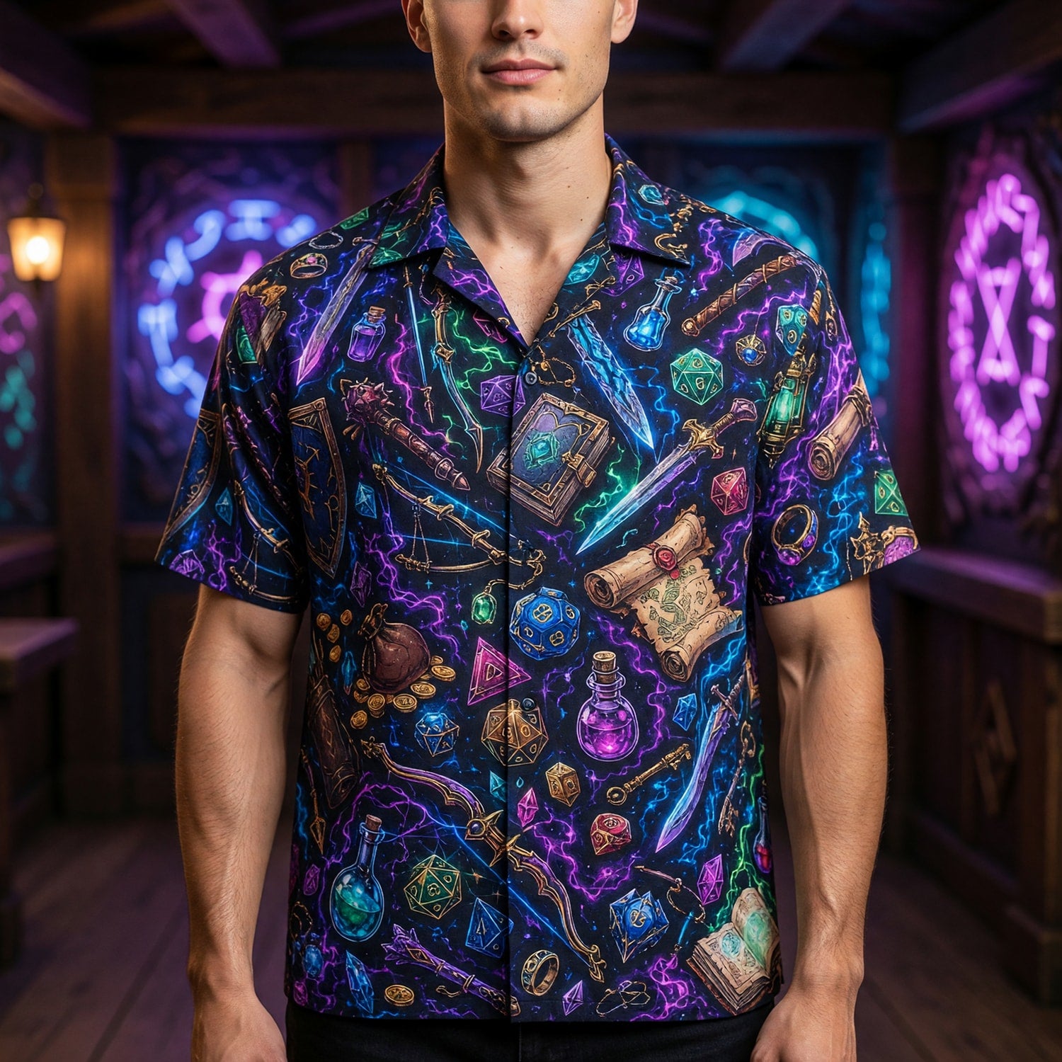 Fantasy Dungeon Hawaiian Shirt - Neon Fantasy Loot Pattern
