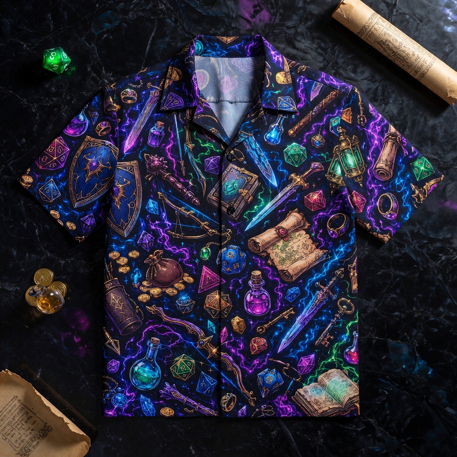 Fantasy Dungeon Hawaiian Shirt - Neon Fantasy Loot Pattern