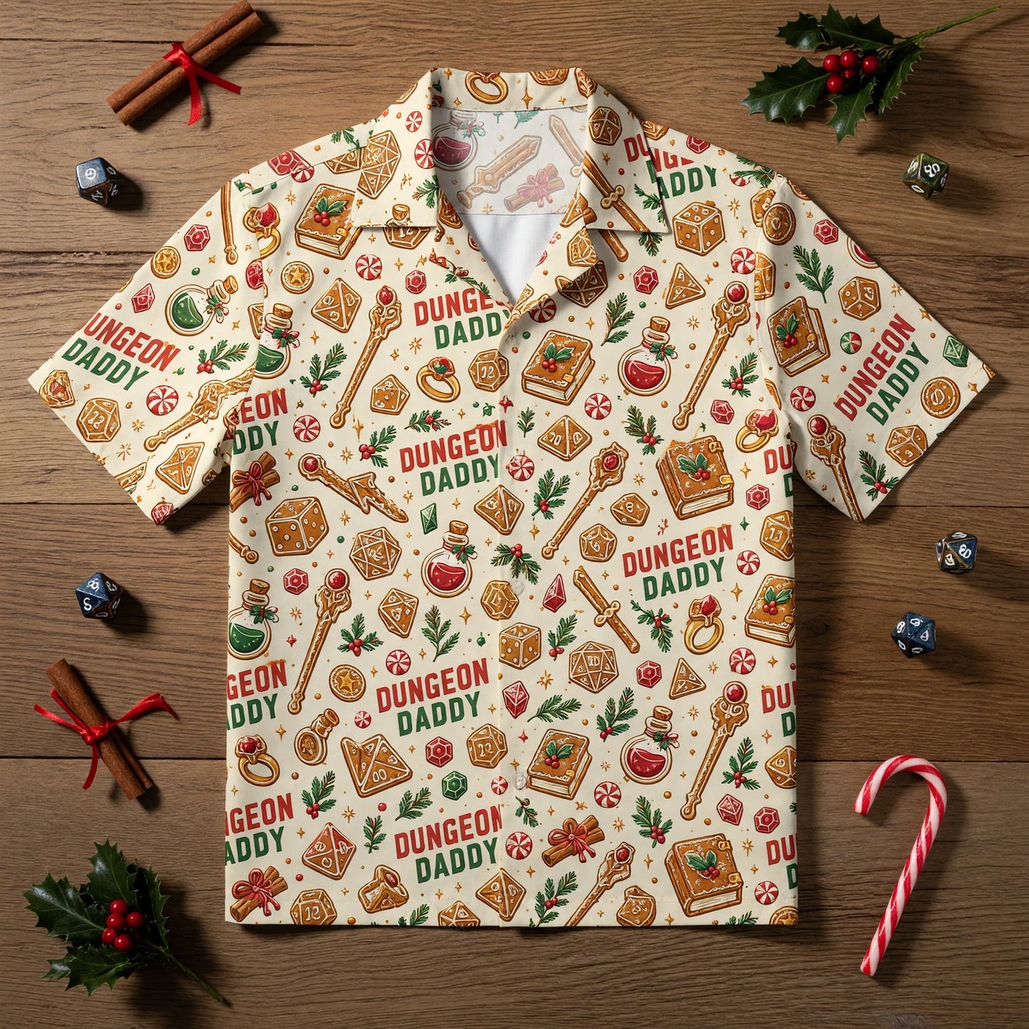 Dungeon Daddy Christmas Hawaiian Shirt - Holiday Dice Pattern