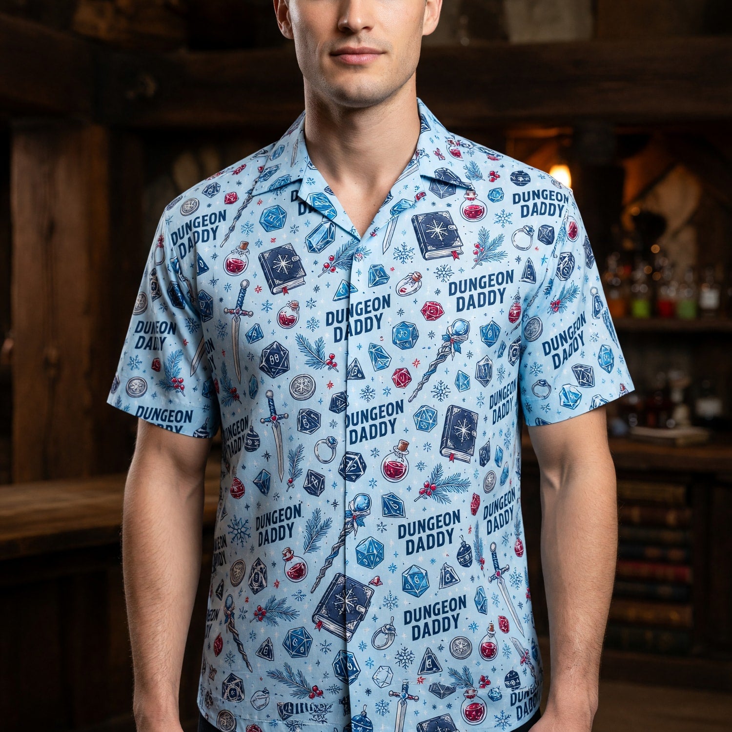 Dungeon Daddy Christmas Hawaiian Shirt - Winter Dice Pattern