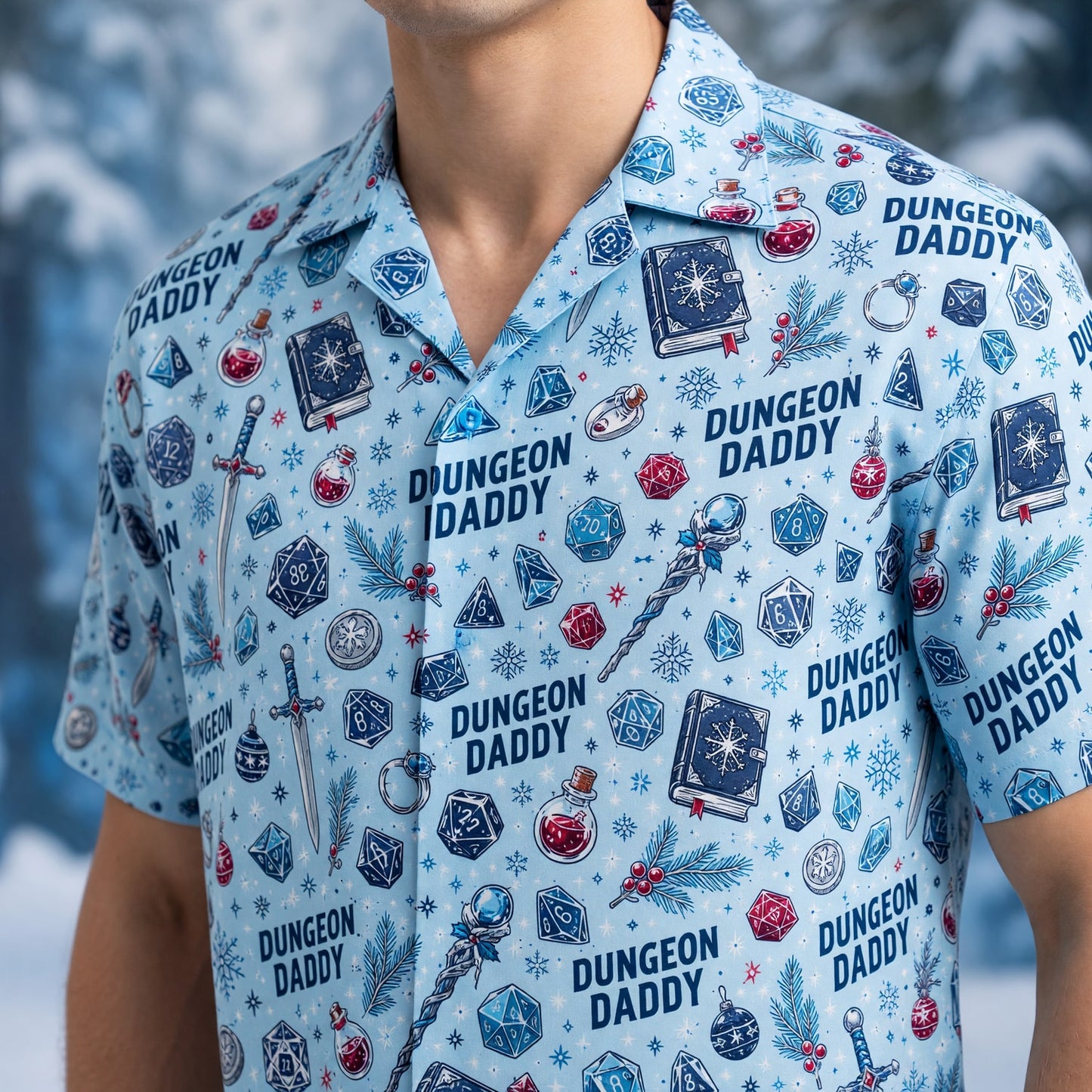 Dungeon Daddy Christmas Hawaiian Shirt - Winter Dice Pattern