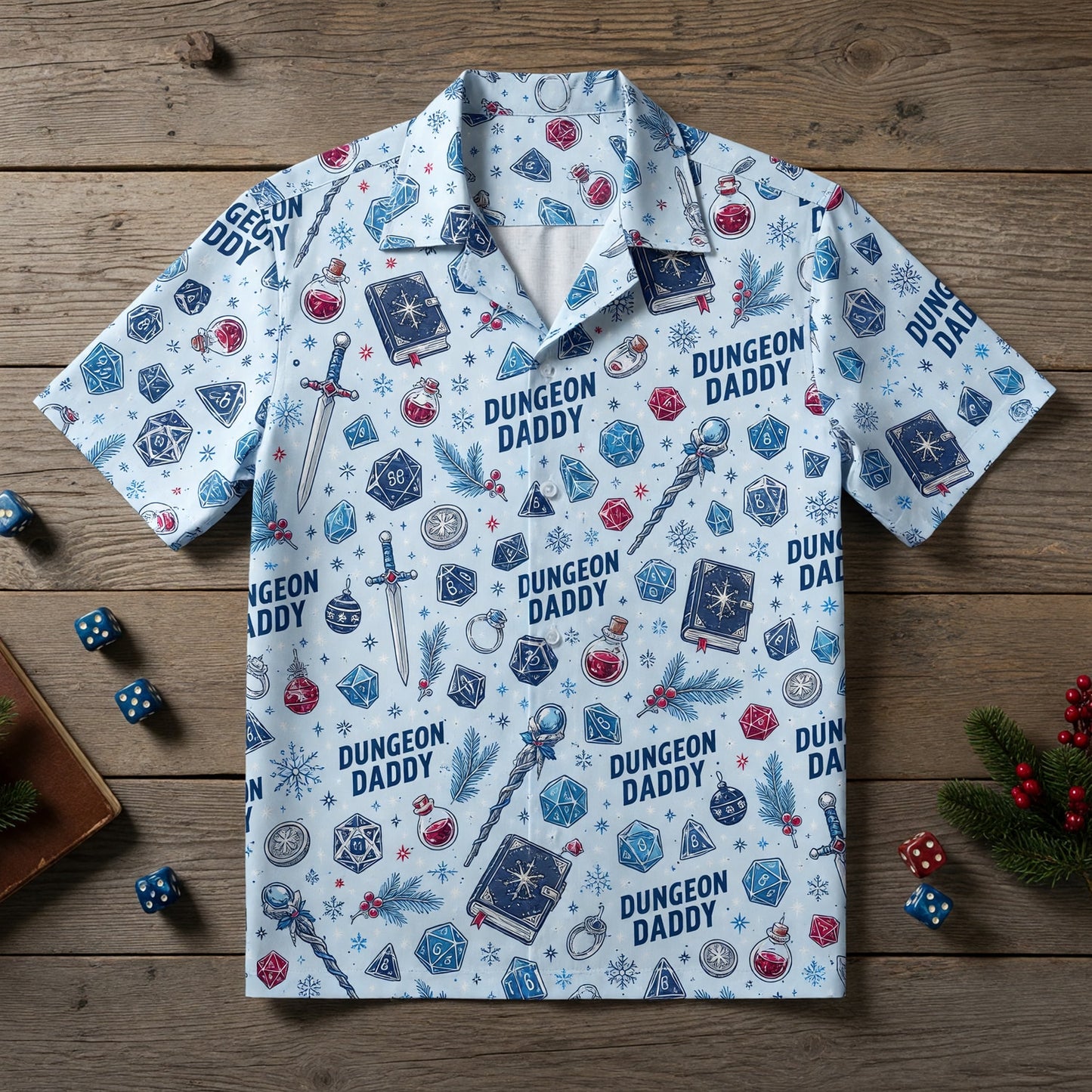 Dungeon Daddy Christmas Hawaiian Shirt - Winter Dice Pattern