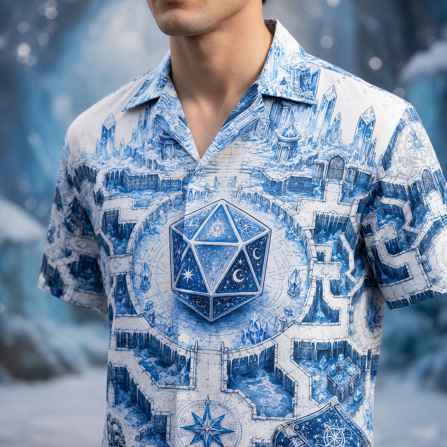 D20 Ice Crystal Castle Hawaiian Shirt - Fantasy RPG Dice Art