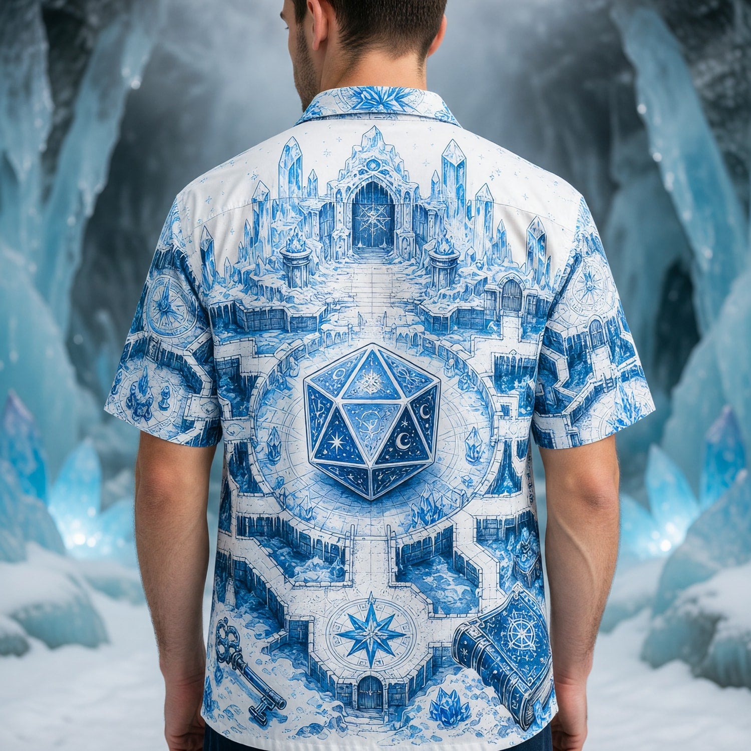 D20 Ice Crystal Castle Hawaiian Shirt - Fantasy RPG Dice Art