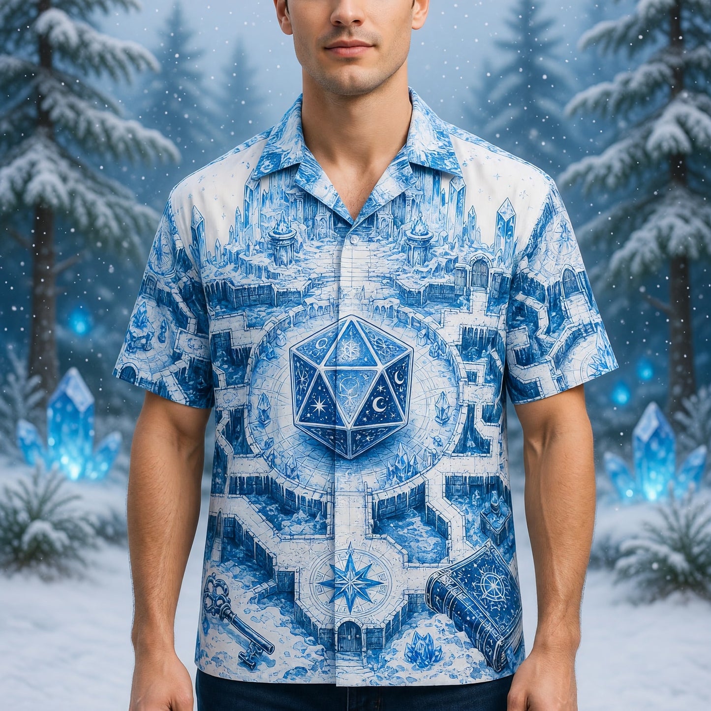 D20 Ice Crystal Castle Hawaiian Shirt - Fantasy RPG Dice Art