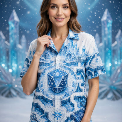 D20 Ice Crystal Castle Hawaiian Shirt - Fantasy RPG Dice Art